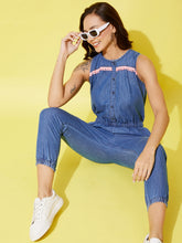 Women's Denim Jumpsuit with Neon Lace Insert